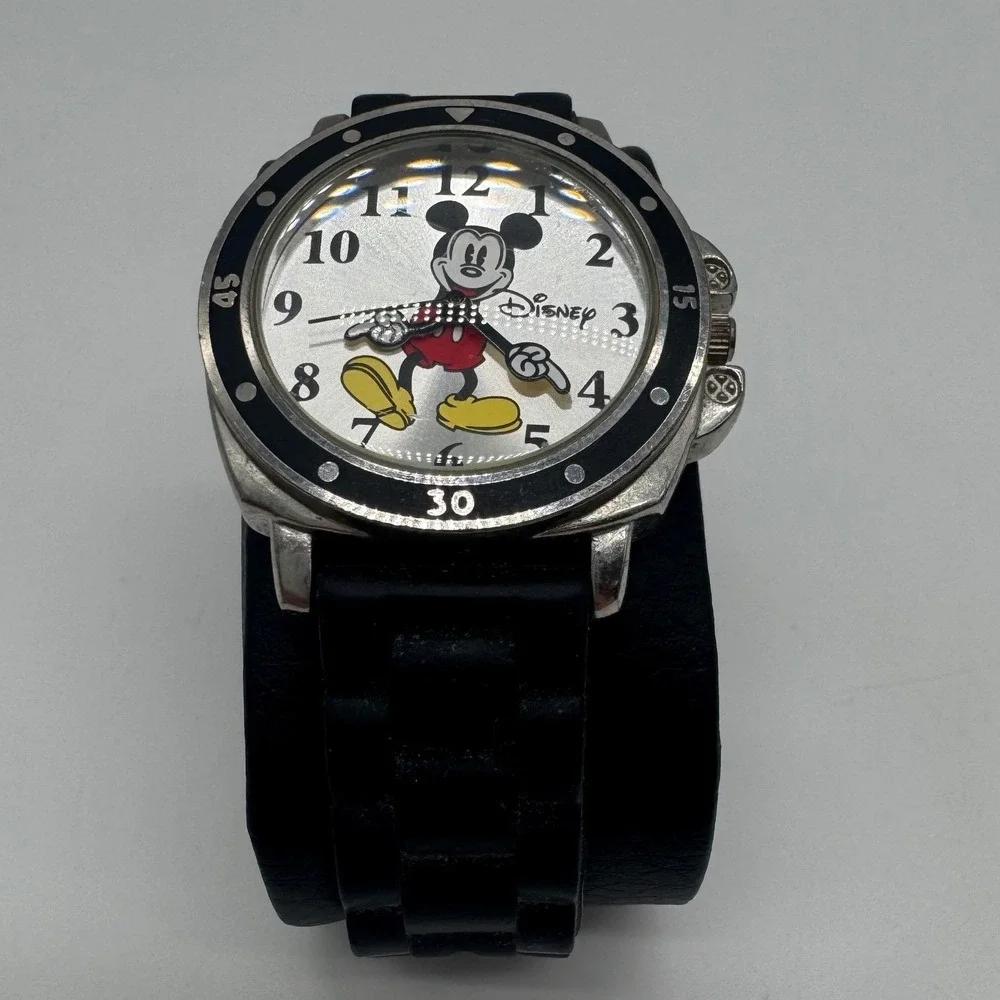 Disney Mickey Mouse Accutime Watch Corp MK1080 Silver Dial Black Rubber Strap